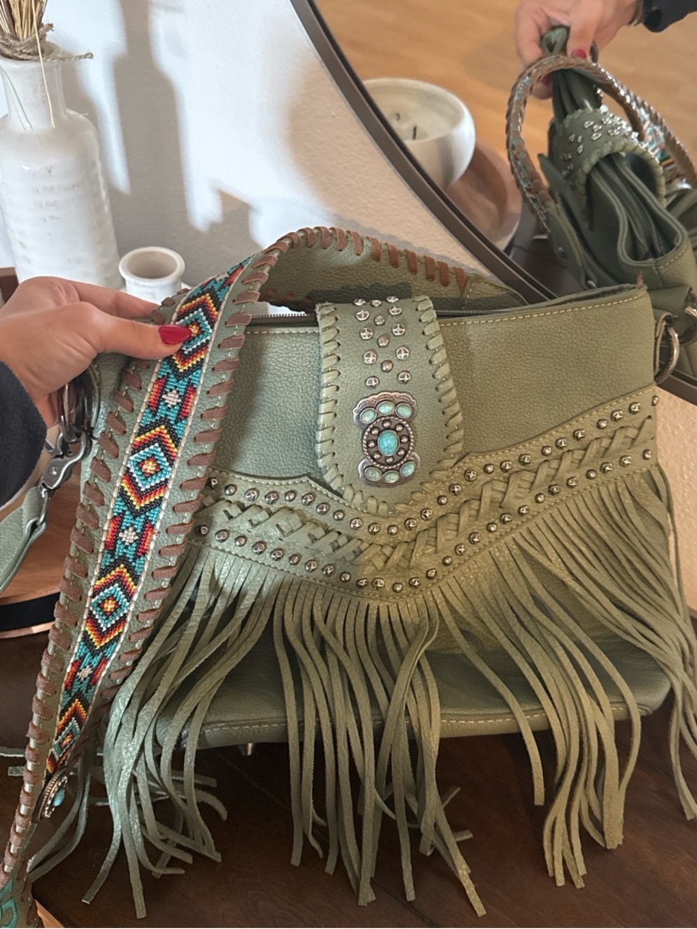 Montana West Sage Green Fringe Crossbody with Beaded Strap